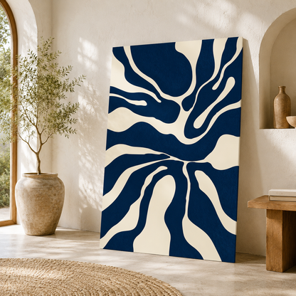 Indigo Flow Abstract Wall Art – Modern Blue & White Canvas Painting