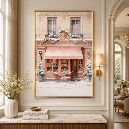 Pink Paris Café Winter Canvas Wall Art