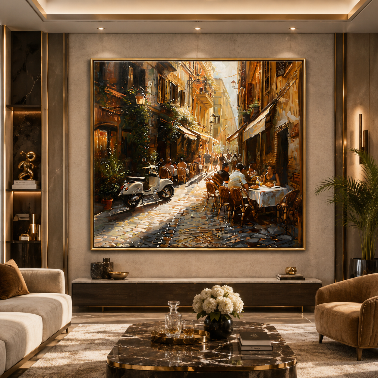 European Café Street Canvas Wall Art with Golden Frame