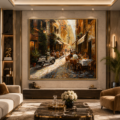 European Café Street Canvas Wall Art with Golden Frame