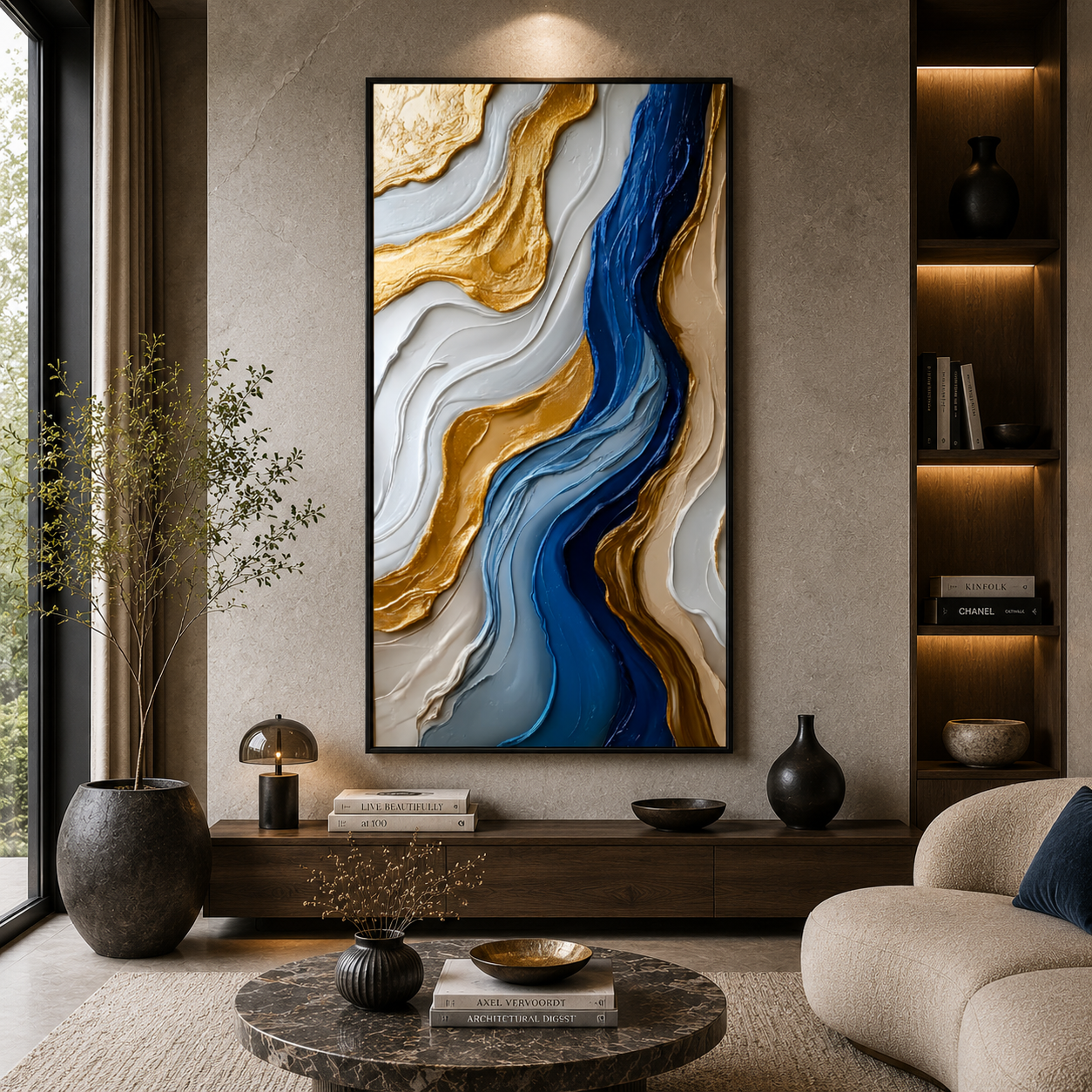 Azure Flow Abstract Wall Art – Luxury Blue & Gold Vertical Canvas