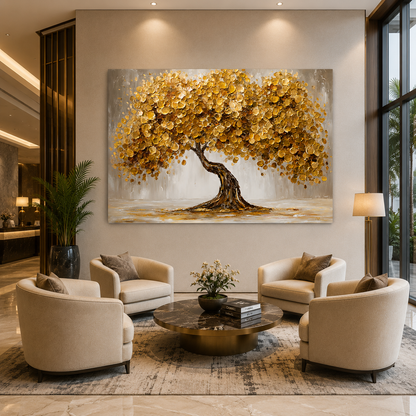 Golden Lucky Wish Tree Canvas Painting for Home Wall Decor