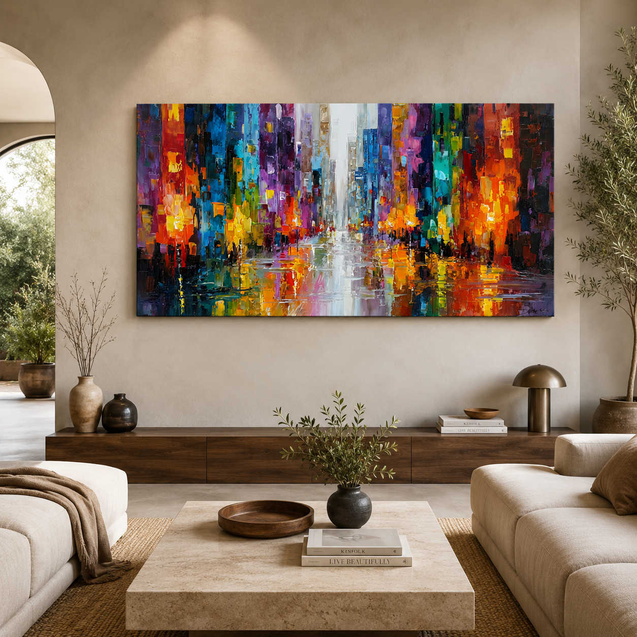 Neon Cityscape Abstract Wall Art – Vibrant Modern Urban Canvas