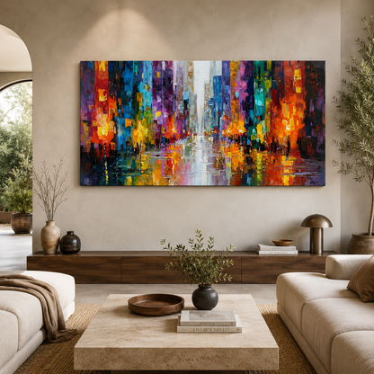 Neon Cityscape Abstract Wall Art – Vibrant Modern Urban Canvas