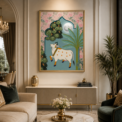 Moonlight Sacred Cow Floral Heritage Canvas Wall Art