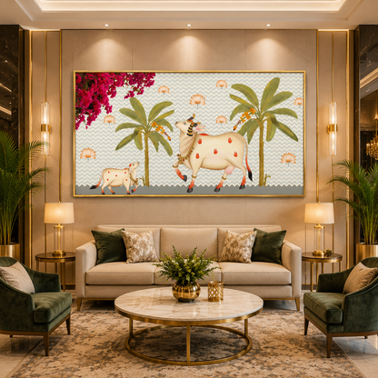 Sacred Cow & Calf Tropical Floral Luxury Wall Art