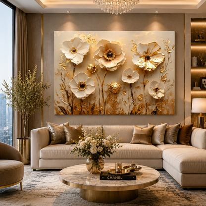 Luxury White & Gold Floral Canvas Wall Art for Elegant Interiors