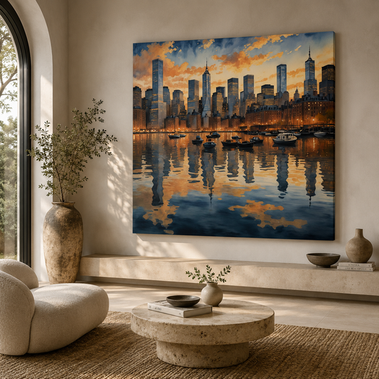 Modern New York Harbor Skyline Canvas Wall Art