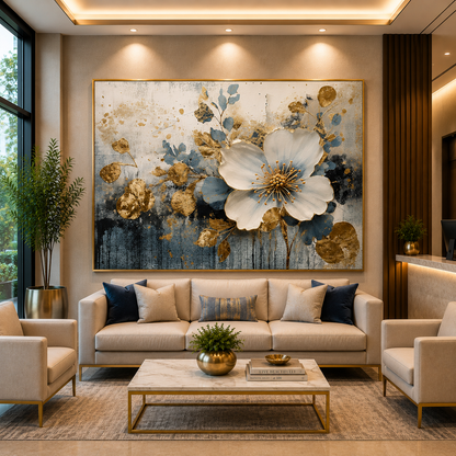 Luxury White Floral Canvas Wall Art with Gold & Blue Accents