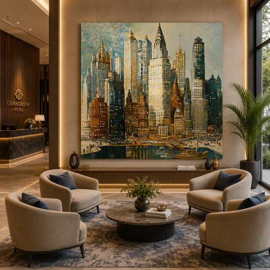 Modern hotel lobby with armchairs, coffee table, and cityscape painting on the wall.