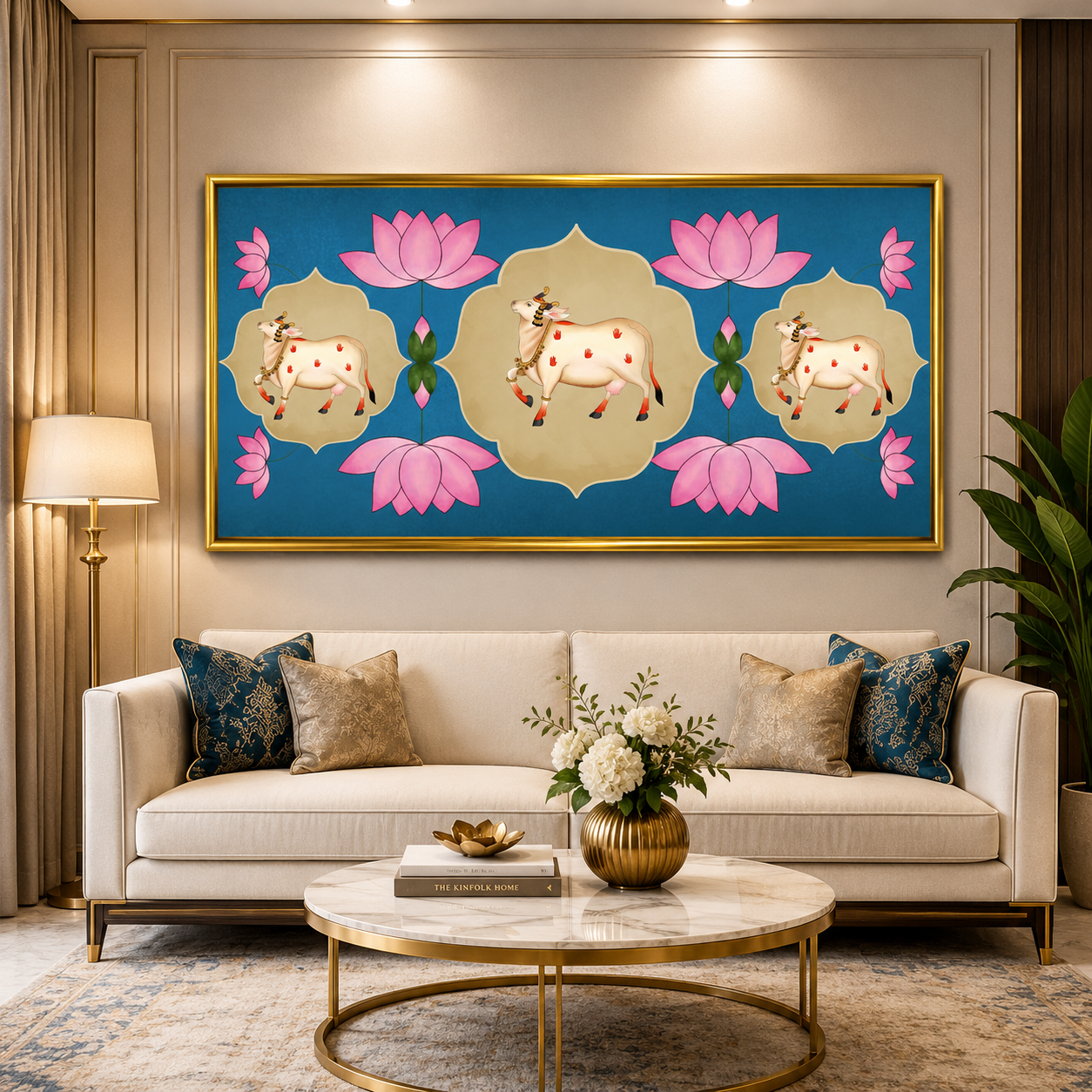Sacred Cow & Lotus Traditional Wall Art with Golden Frame