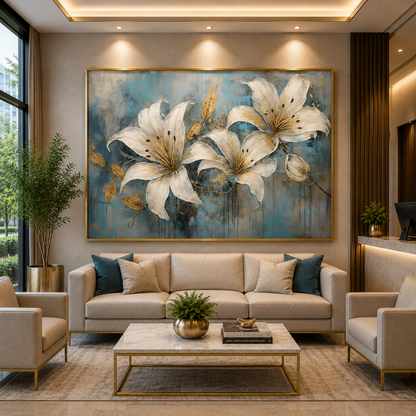Elegant White Lily Canvas Wall Art with Blue & Gold Accents Decor