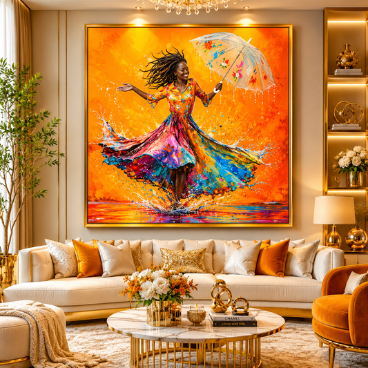 Joyful Woman with Umbrella Abstract Canvas Wall Art for Home Decor