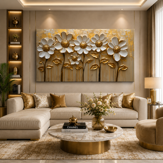Luxury White & Gold Floral Wall Art Canvas for Elegant Interiors