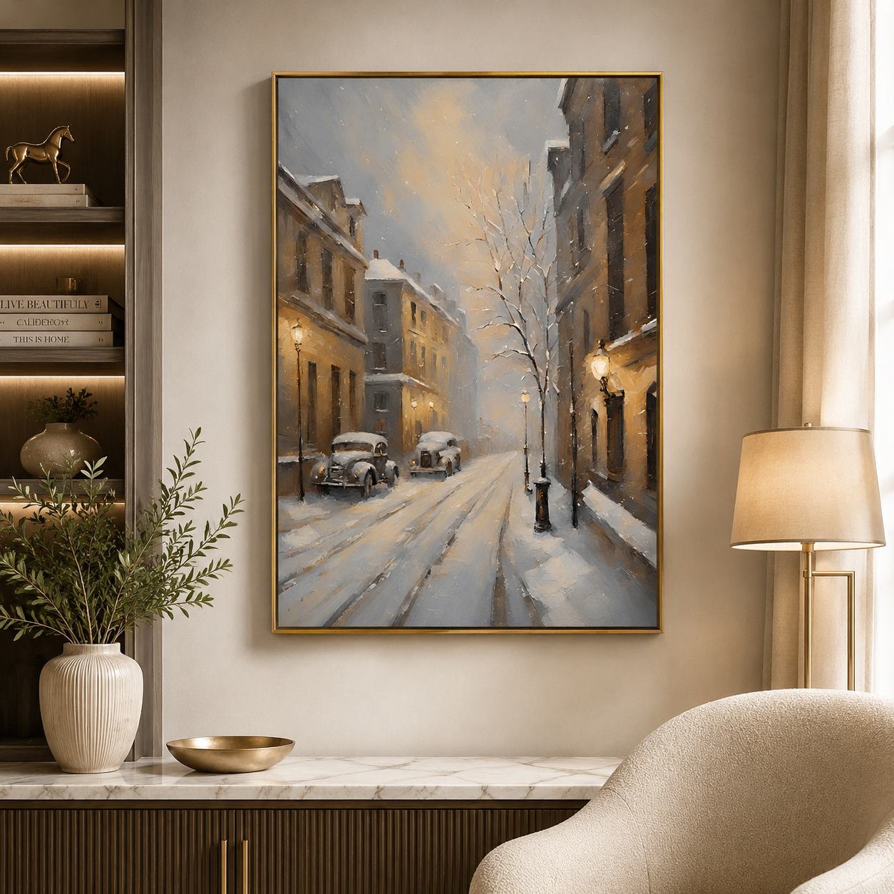 Snowy Vintage Street Canvas Wall Art