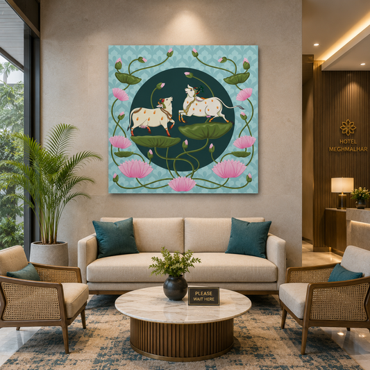 Sacred Cow & Lotus Floral Traditional Canvas Wall Art For Home Decor