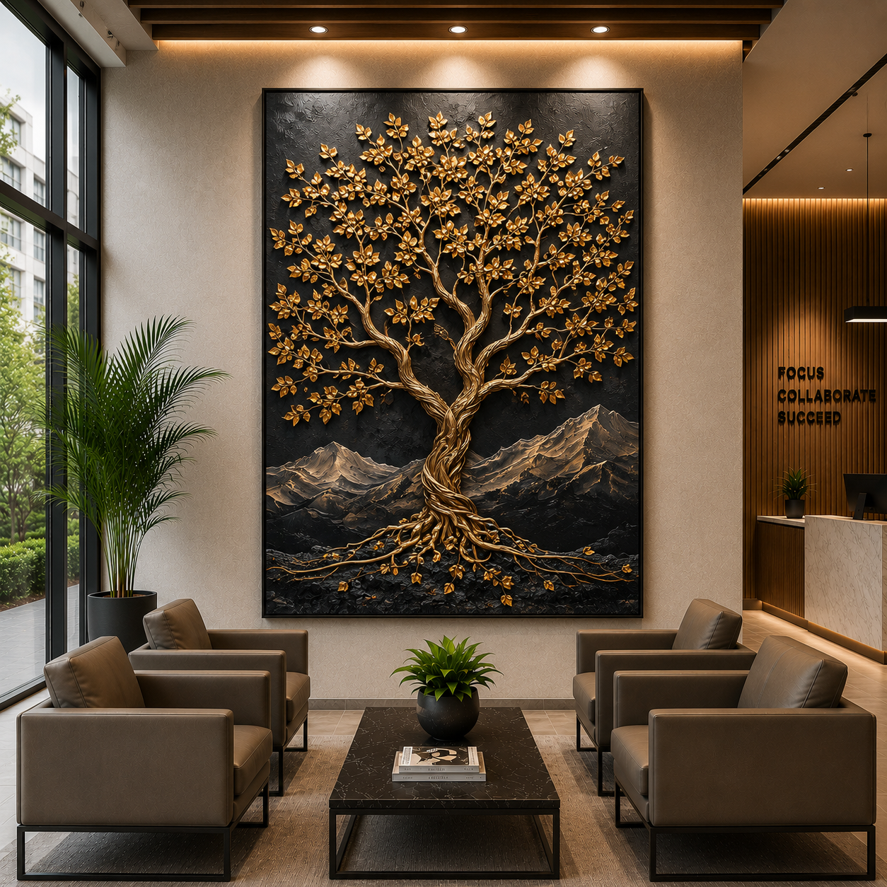Golden Lucky Wish Tree Canvas Painting for Home Wall Decor