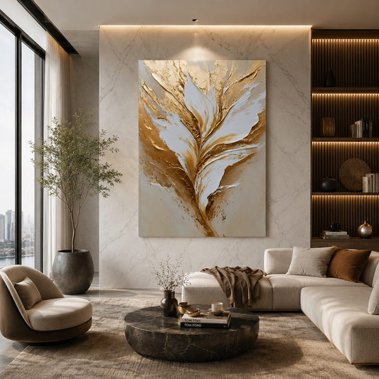Luxury White & Gold Floral Abstract Canvas Wall Art for Modern Decor