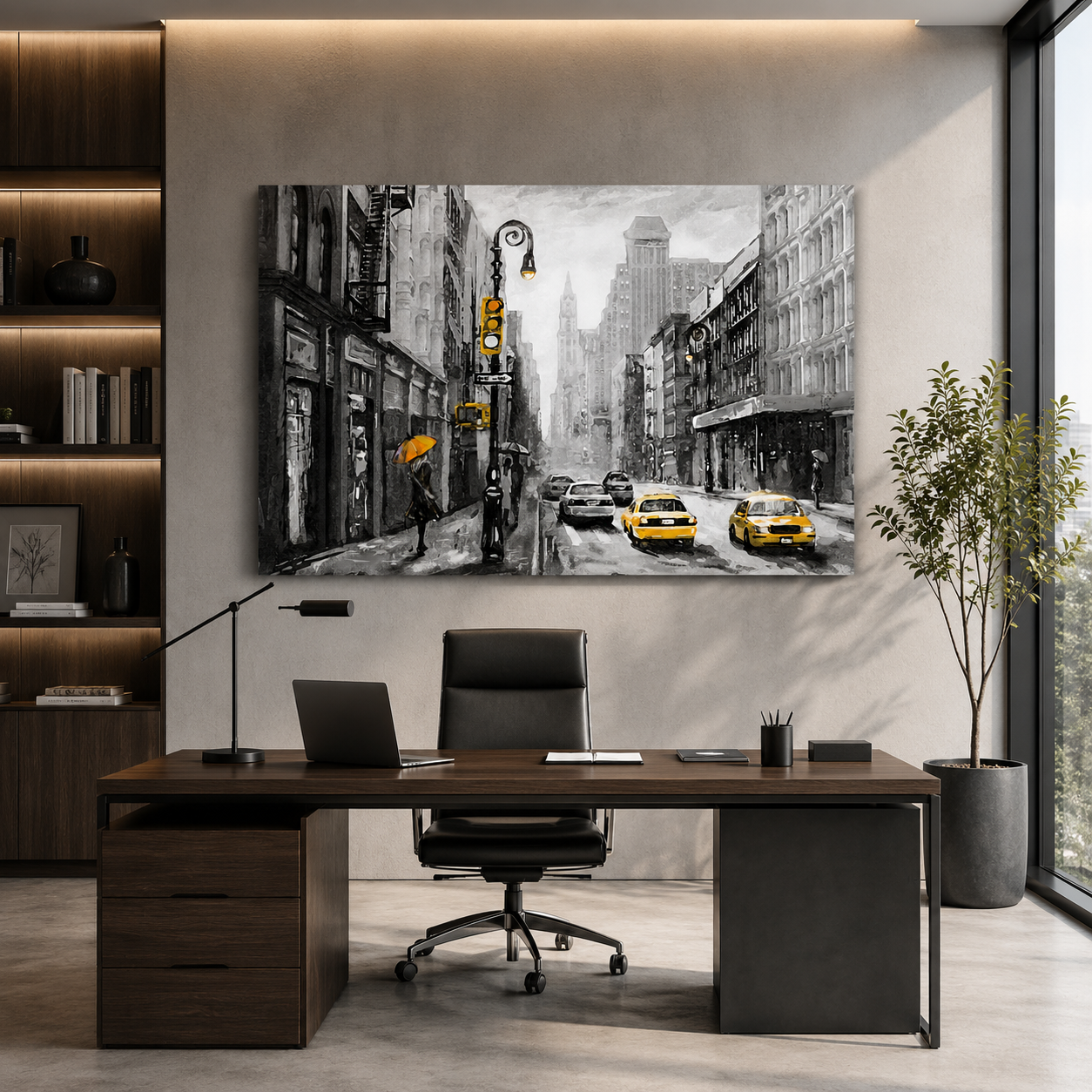Black White Cityscape Canvas Art with Yellow Taxi Wall Decor