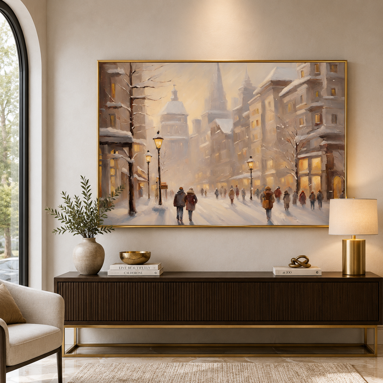 Winter European City Street Canvas Wall Art