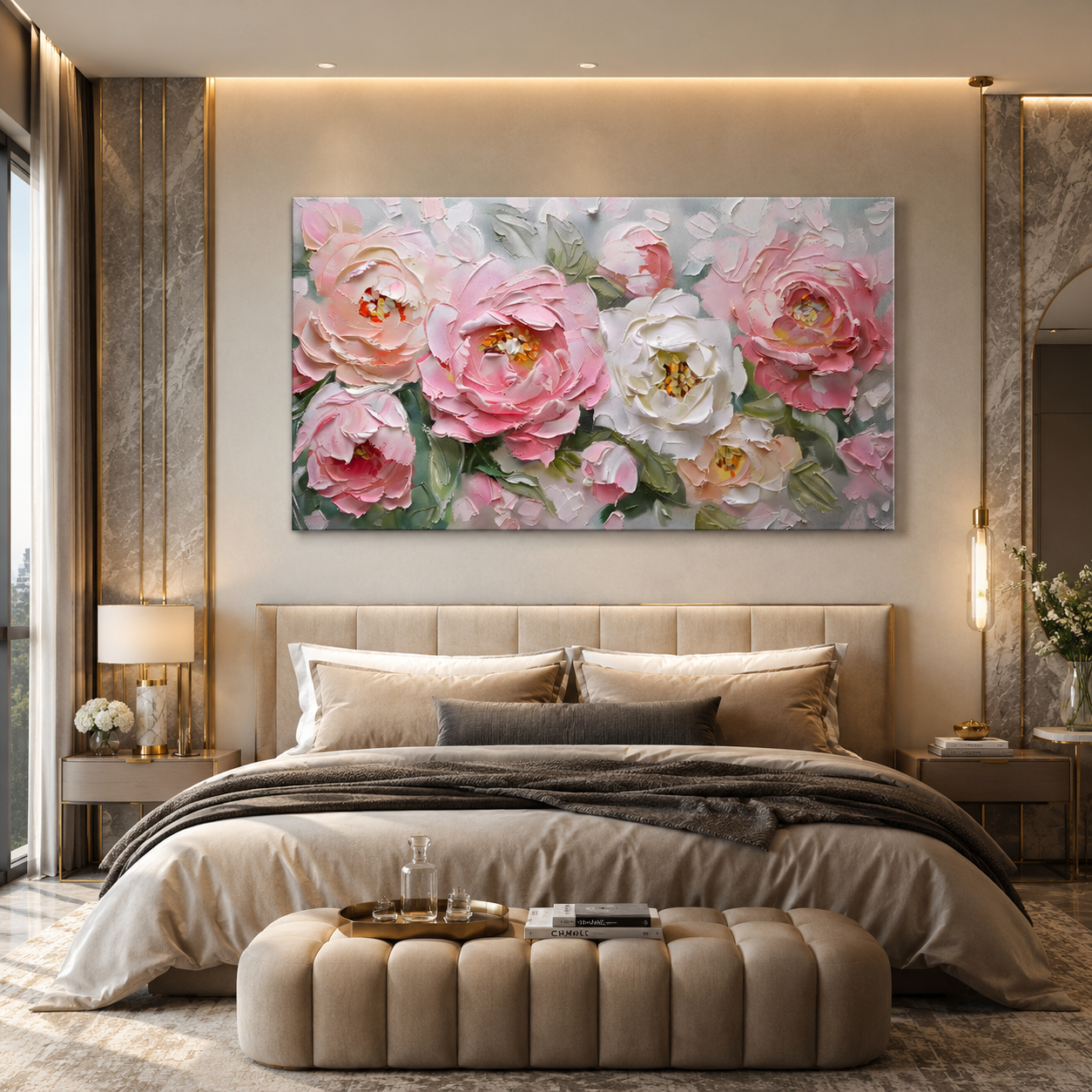Blush Pink Peony Floral Canvas Wall Art for Elegant Bedroom Décor
