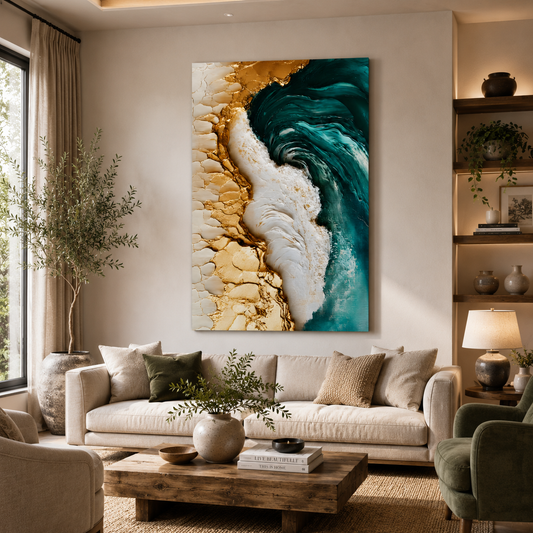 Luxury Ocean Wave Abstract Canvas Wall Art with Gold Accents