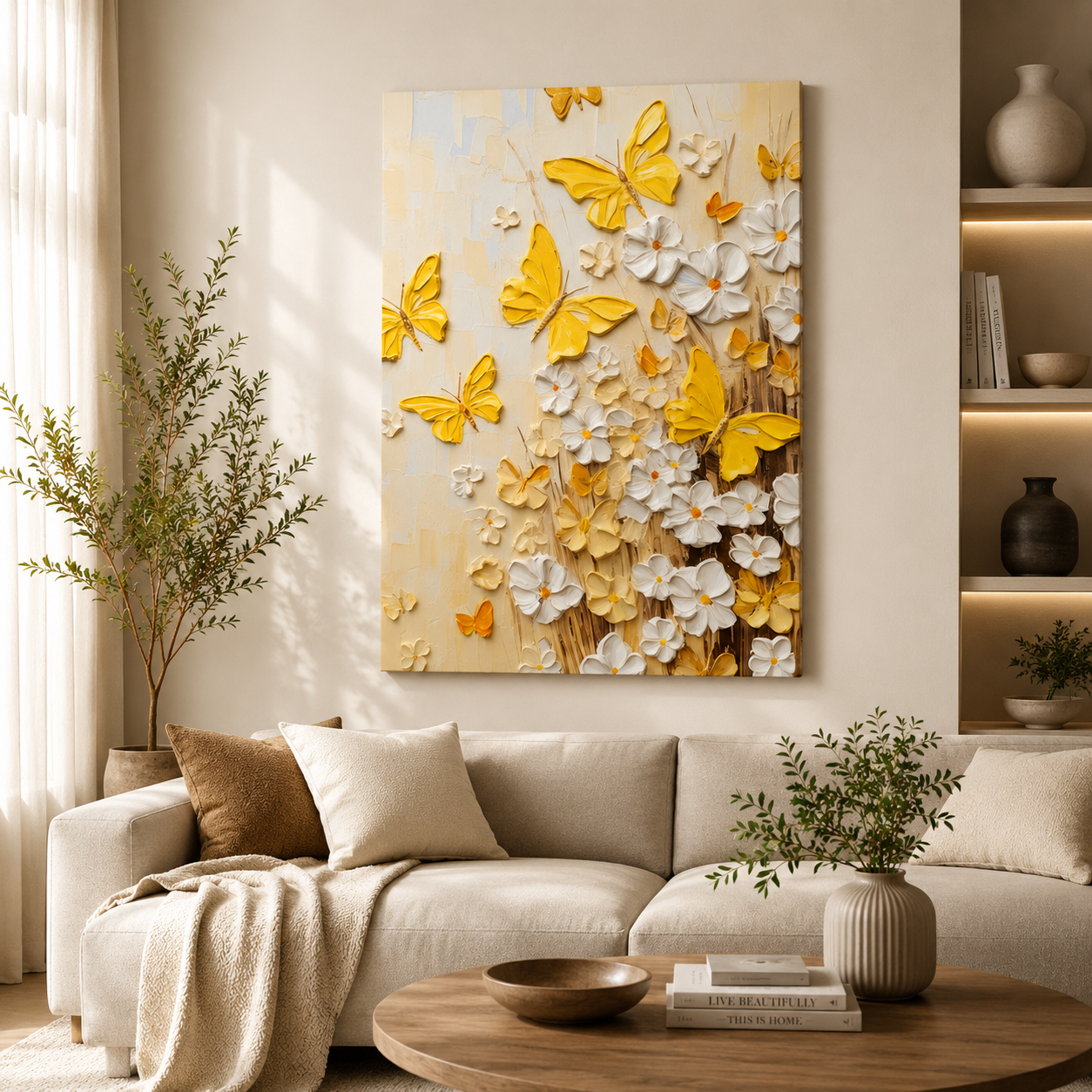 Golden Butterfly & White Floral Canvas Wall Art for Elegant Décor