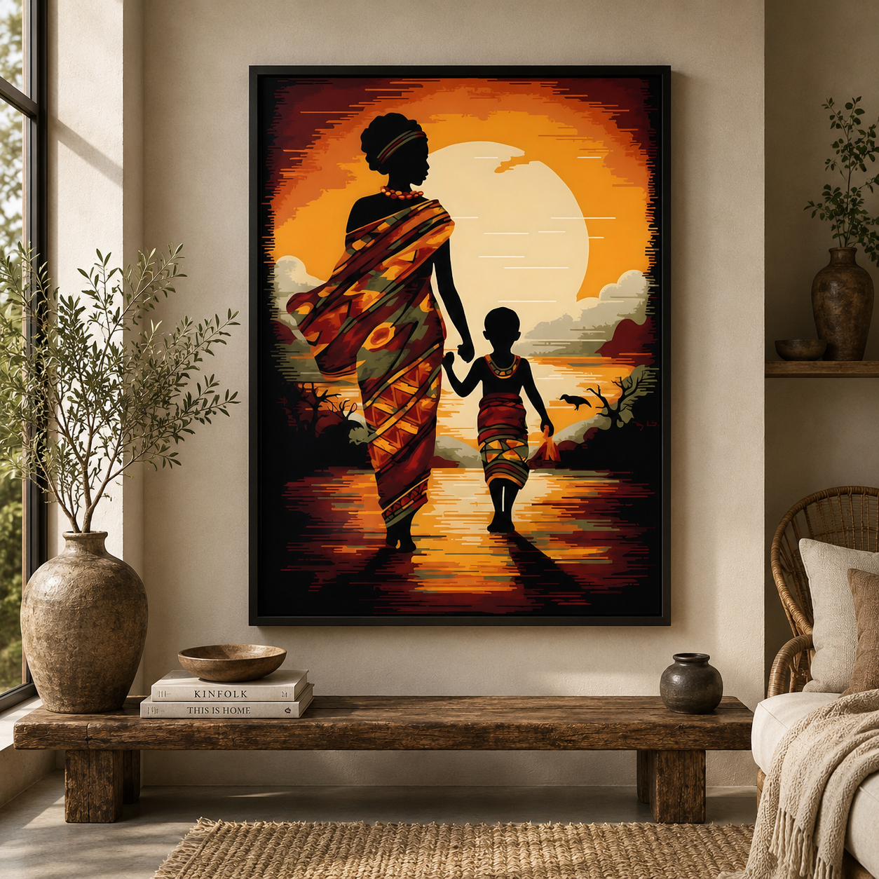 African Mother and Child Sunset Canvas Wall Art for Home Decor