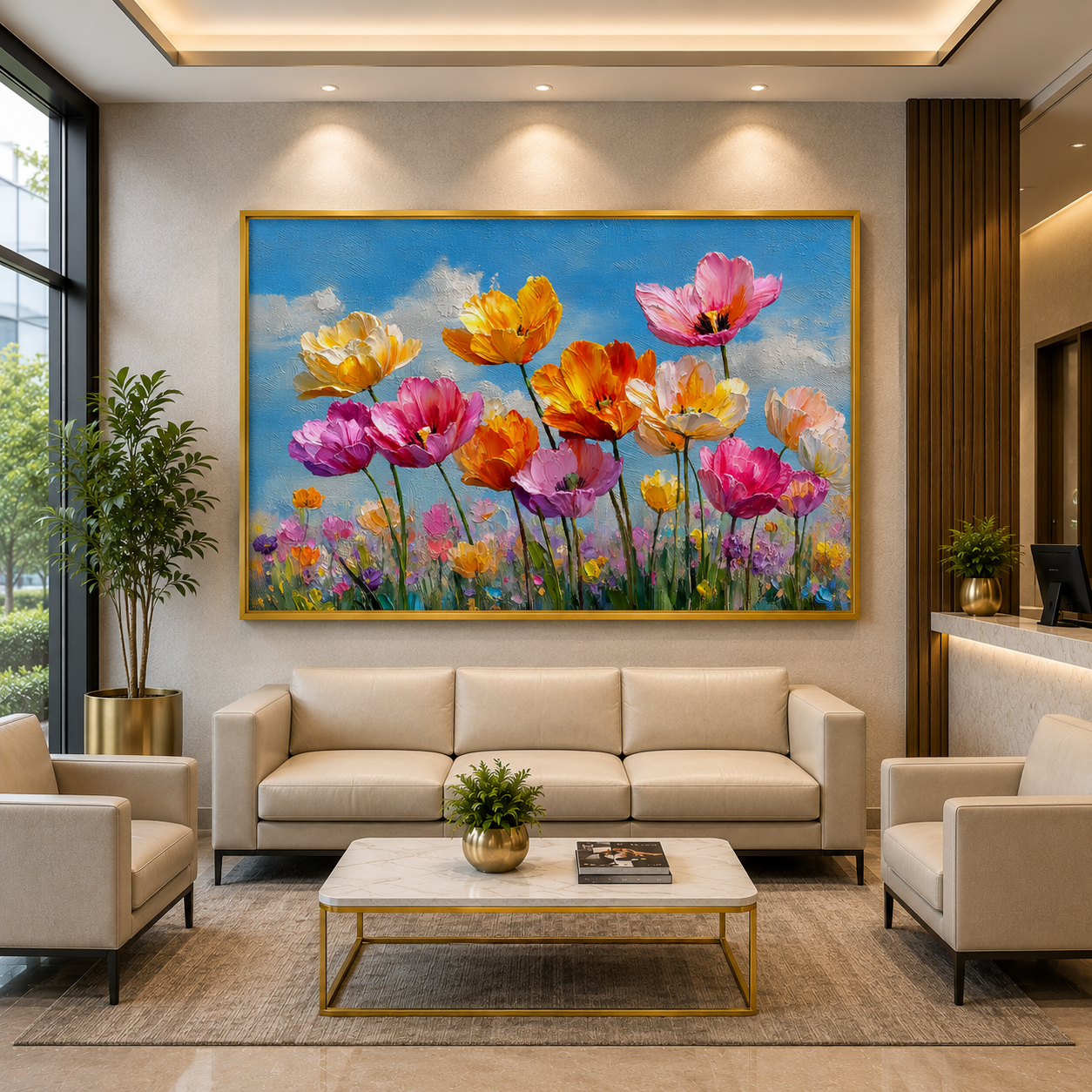 Colorful Wildflower Meadow Canvas Wall Art with Gold Framed Beauty