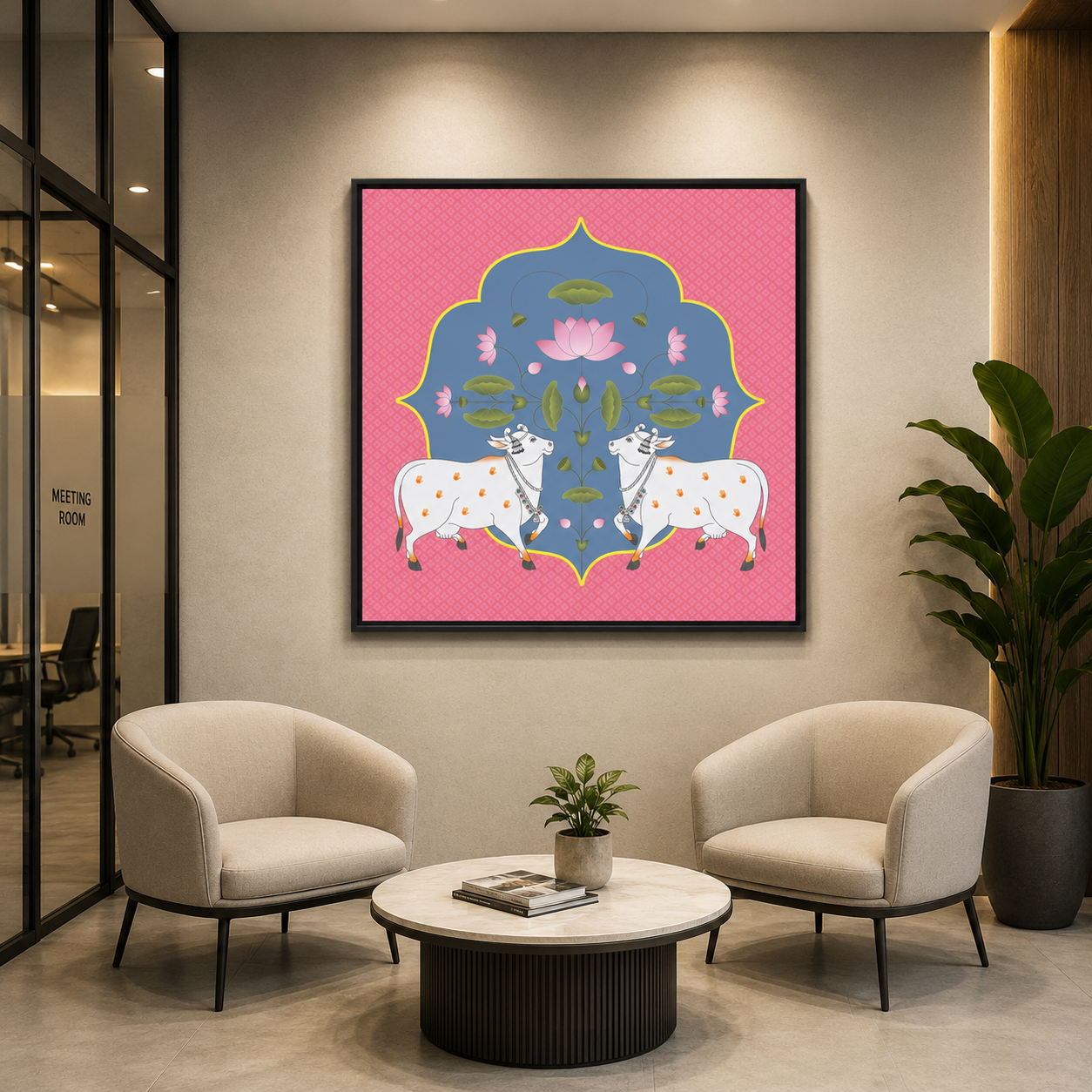 Elegant Pink Lotus & Sacred Cow Symmetrical Wall Art