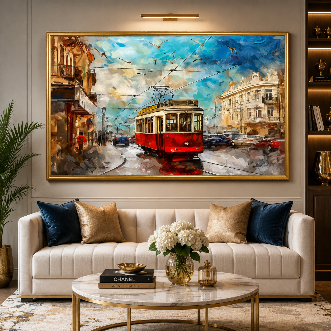 Vintage Red Tram Cityscape Canvas Wall Art Painting