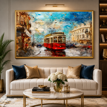 Vintage Red Tram Cityscape Canvas Wall Art Painting