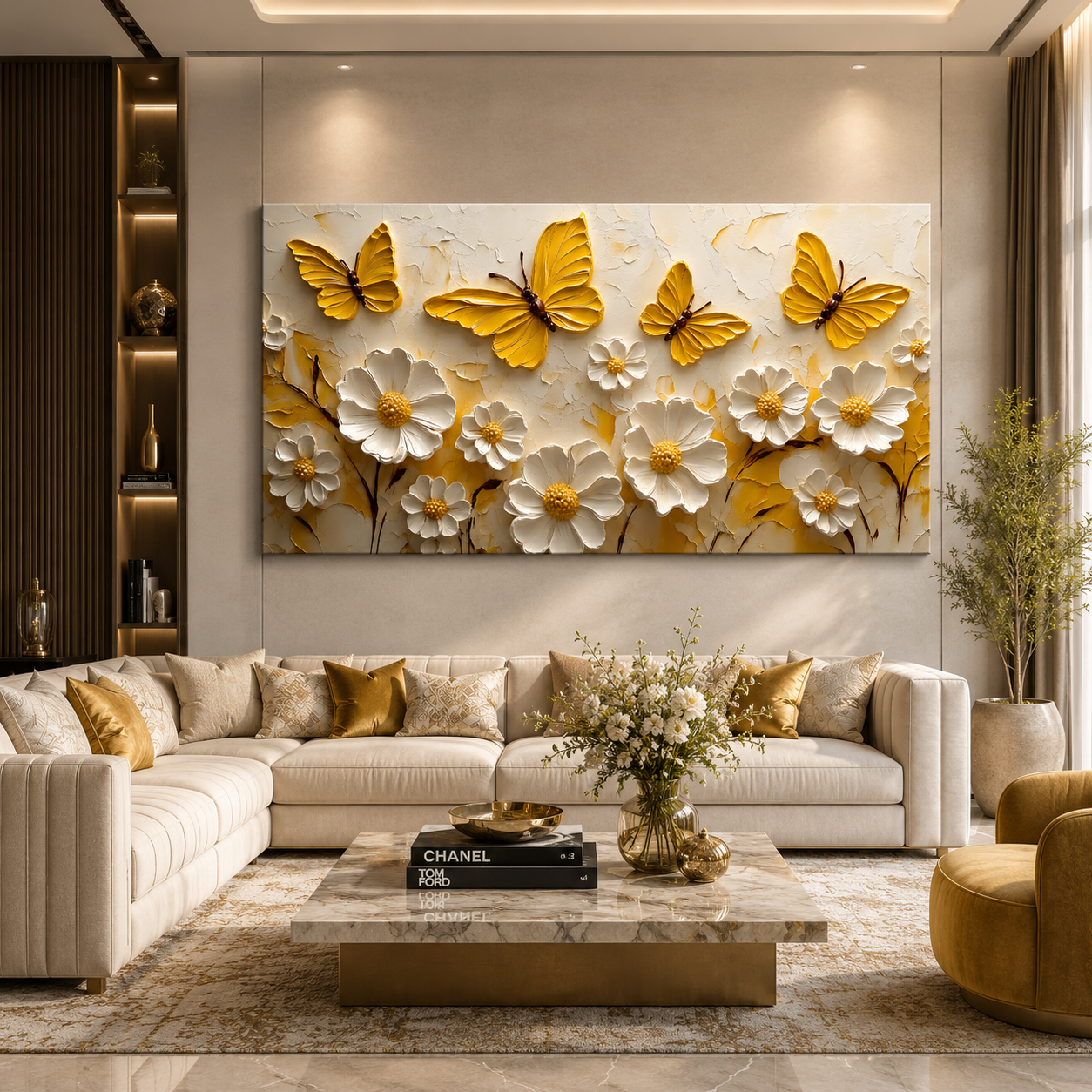 Luxury Golden Butterfly & Floral Abstract Wall Art Canvas Decor