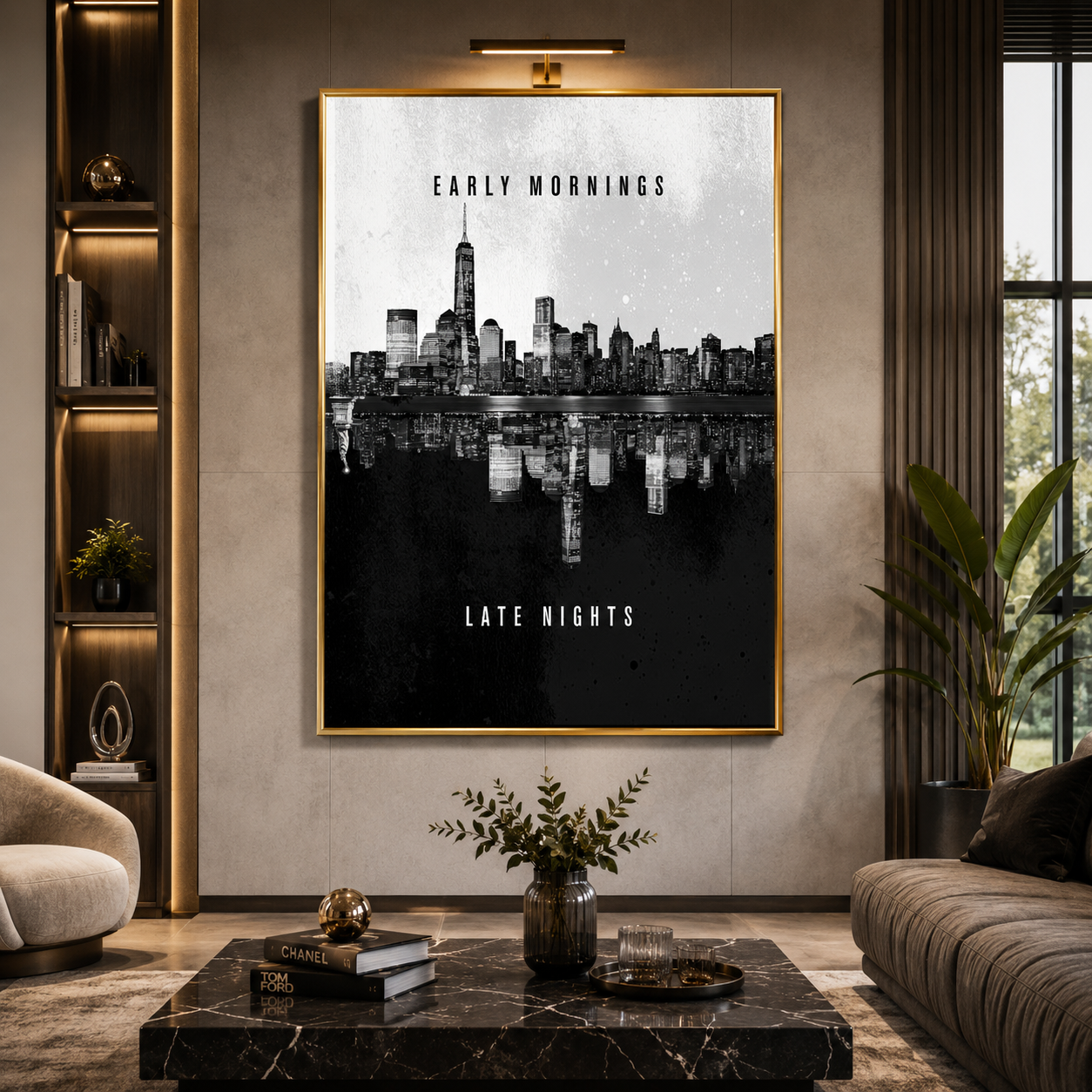 Early Mornings Late Nights Motivational Skyline Wall Art Poster