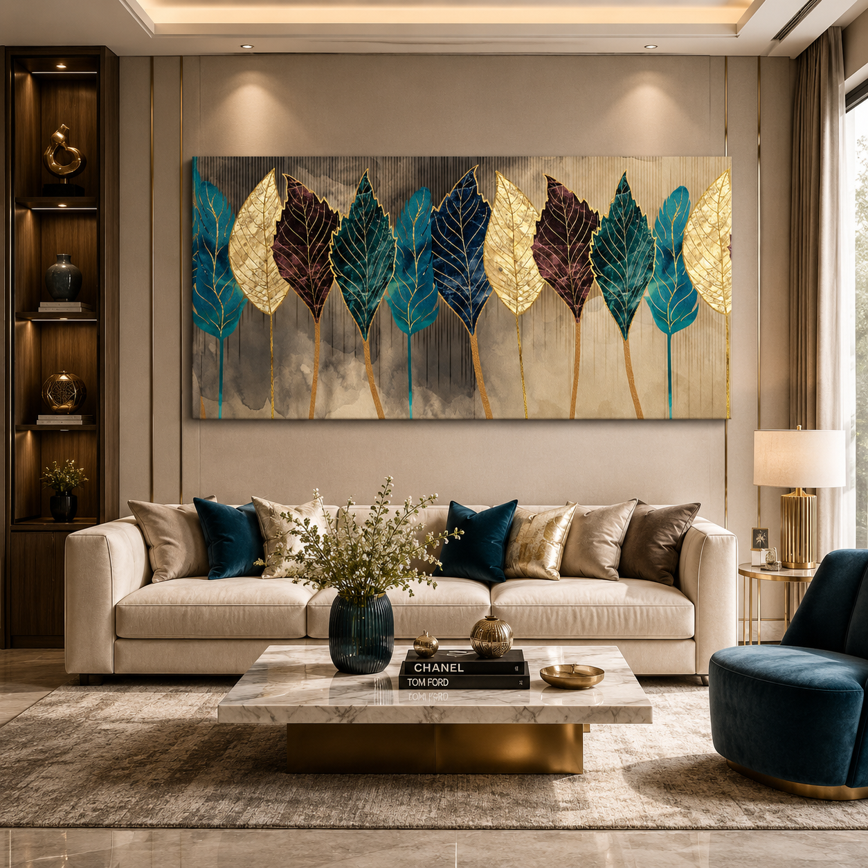 Luxury Gold & Blue Leaf Abstract Wall Art for Modern Interiors
