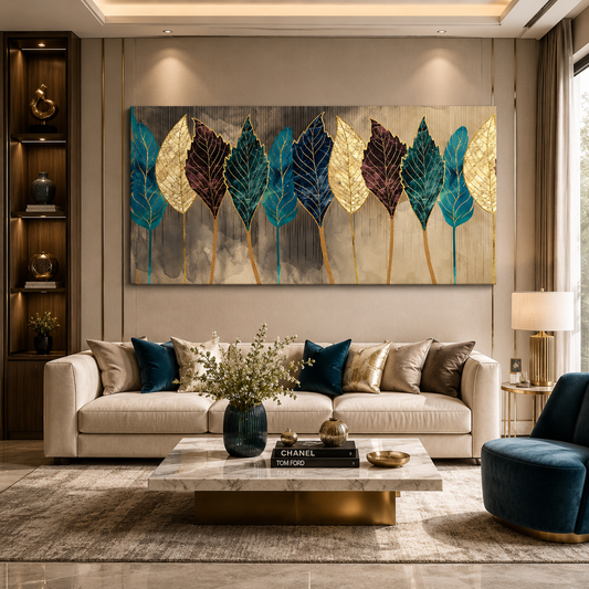 Luxury Gold & Blue Leaf Abstract Wall Art for Modern Interiors