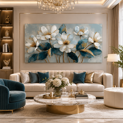 Luxury White Floral Wall Art Canvas with Blue & Gold Accents