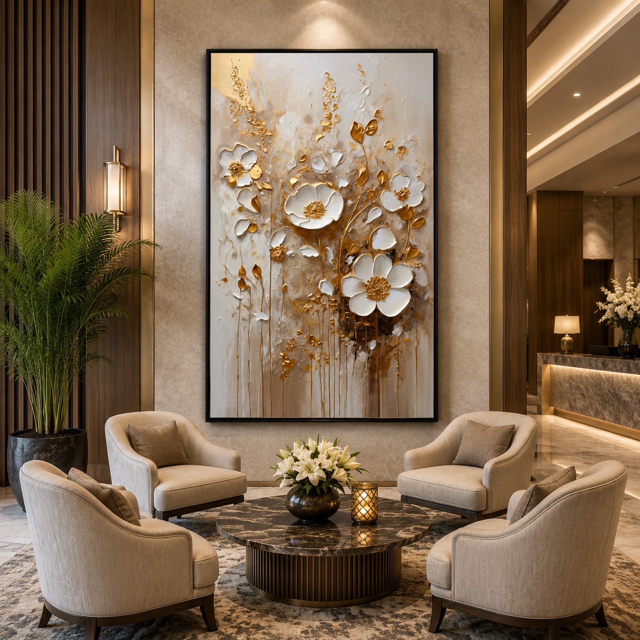 Luxury White and Gold Floral Canvas Wall Art for Elegant Interiors