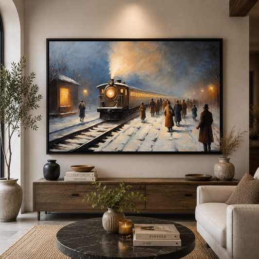 Vintage Winter Train Station Canvas Wall Art