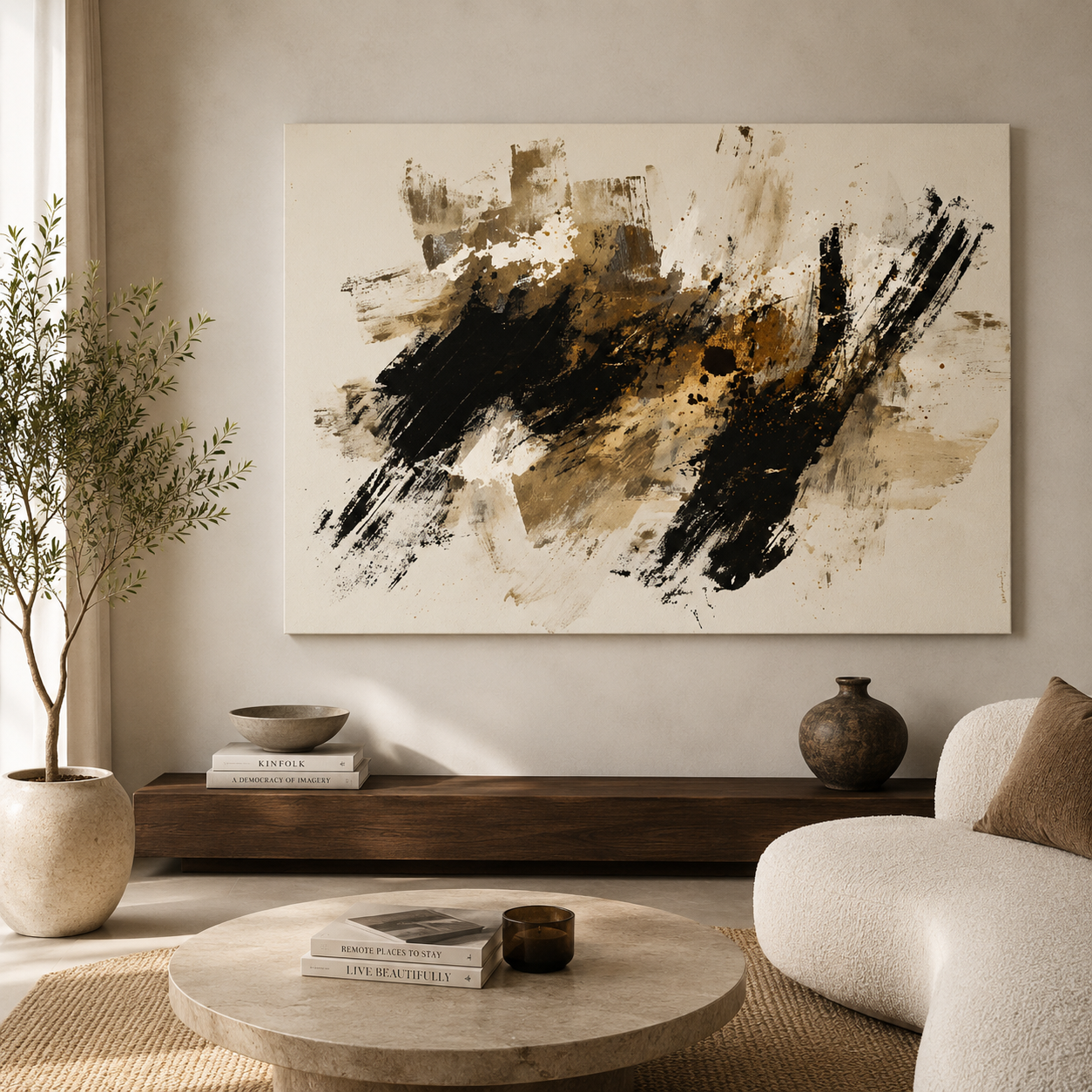 Midnight Essence Abstract Wall Art – Modern Black & Gold Canvas Painting
