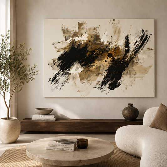 Midnight Essence Abstract Wall Art – Modern Black & Gold Canvas Painting