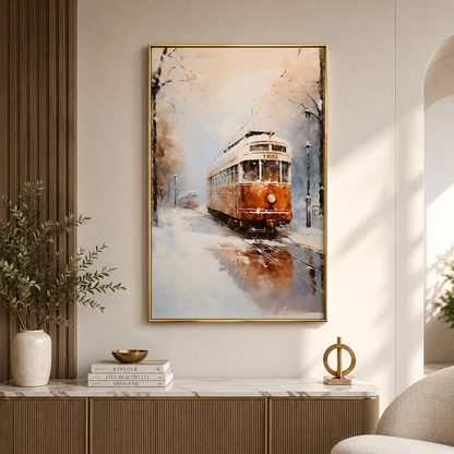Vintage Winter Tram Canvas Wall Art