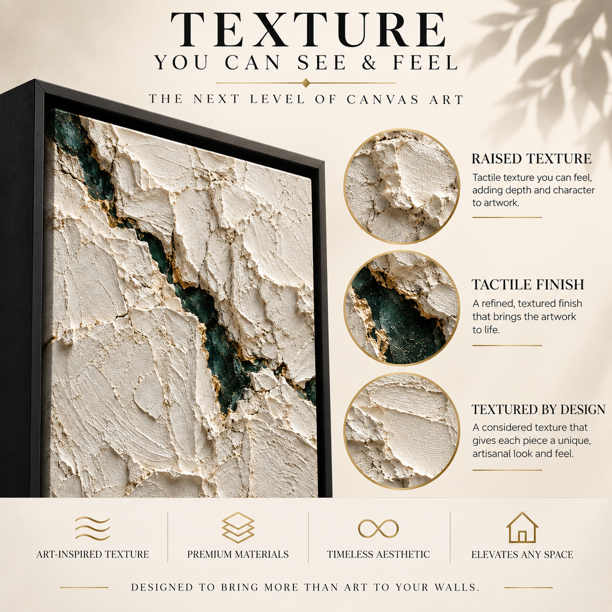 Emerald Vein Ivory Textured Abstract Canvas Art