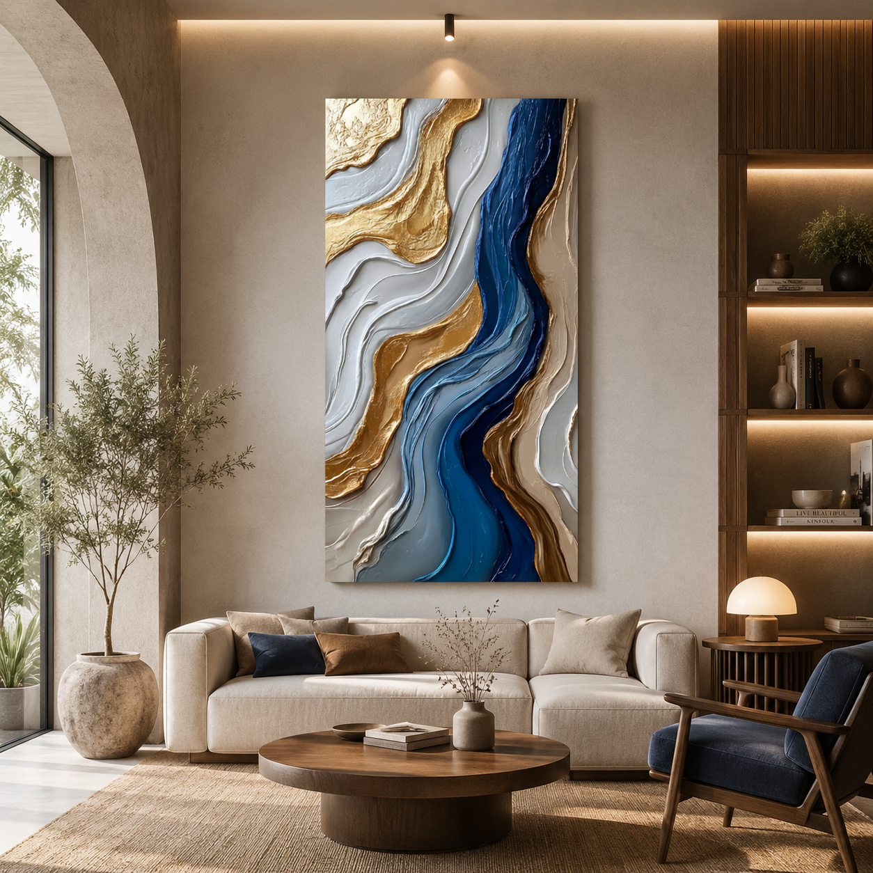Azure Flow Abstract Wall Art – Luxury Blue & Gold Vertical Canvas
