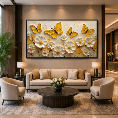 Luxury Golden Butterfly & Floral Abstract Wall Art Canvas Decor