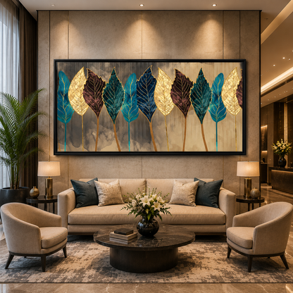 Luxury Gold & Blue Leaf Abstract Wall Art for Modern Interiors