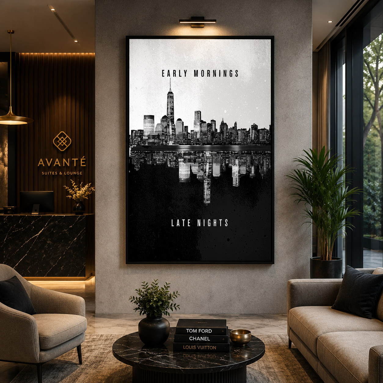 Early Mornings Late Nights Motivational Skyline Wall Art Poster