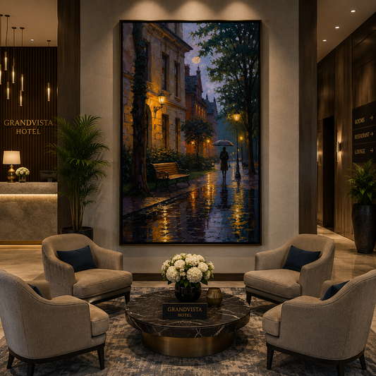 Romantic Rainy Street Vertical Canvas Wall Art Painting