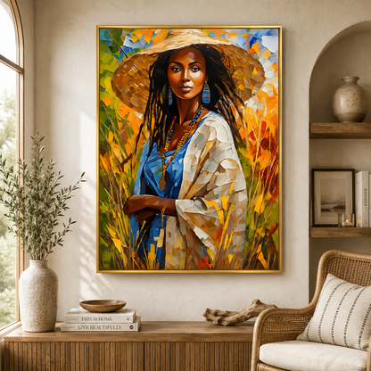 African Woman in Straw Hat Canvas Wall Art for Modern Home Decor