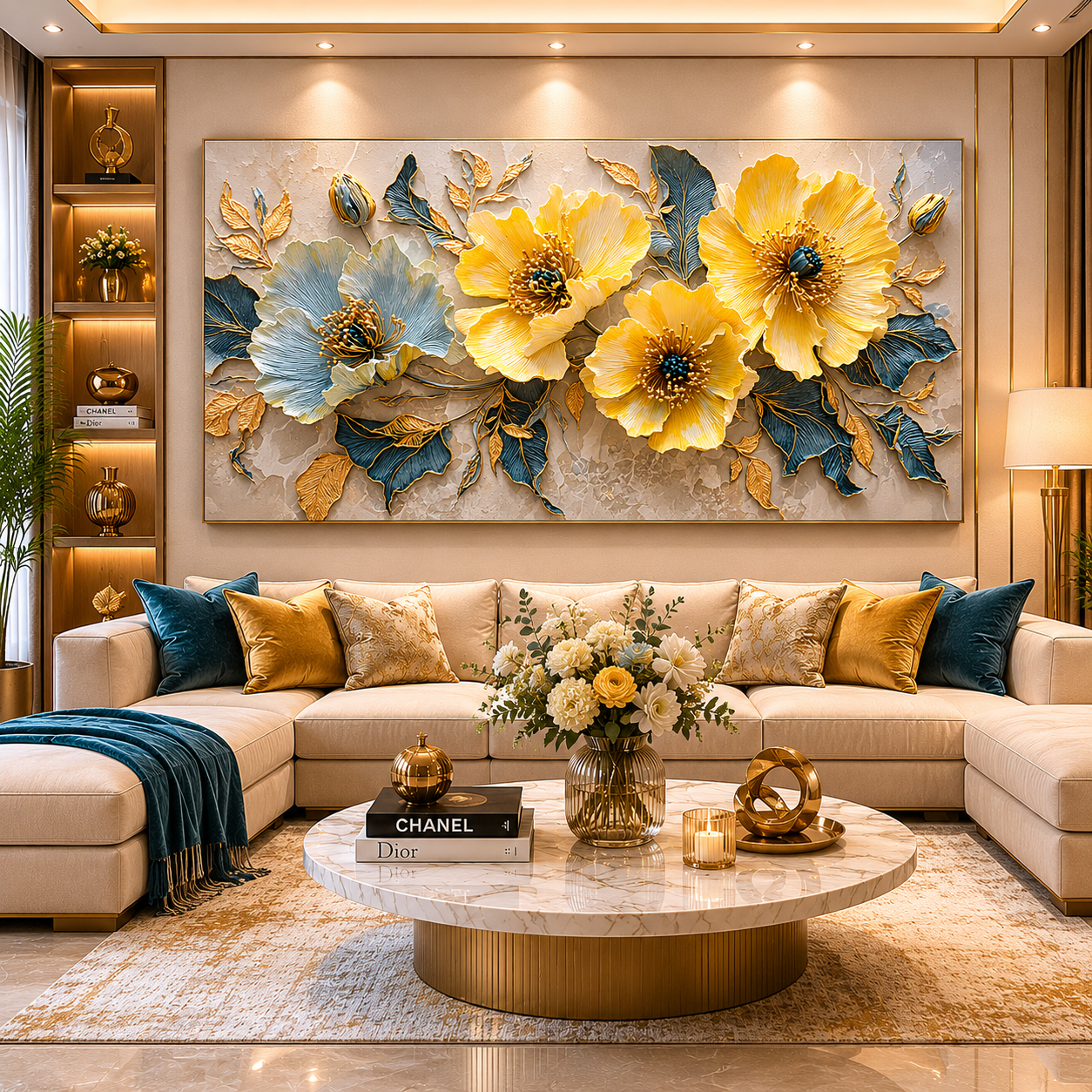 Luxury Yellow Floral Abstract Wall Art Canvas for Modern Décor